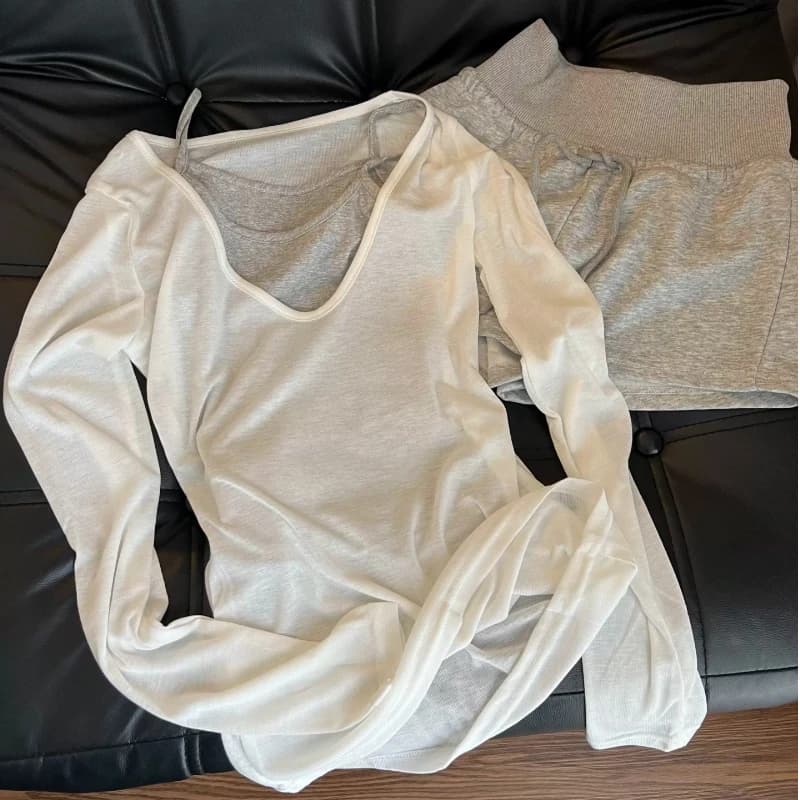 Korean Women Autumn 3Pcs Home Loungewear Contrast Color Mock Layer Design V Neck Long Sleeve Casual Ladies Sleepwear Outfit