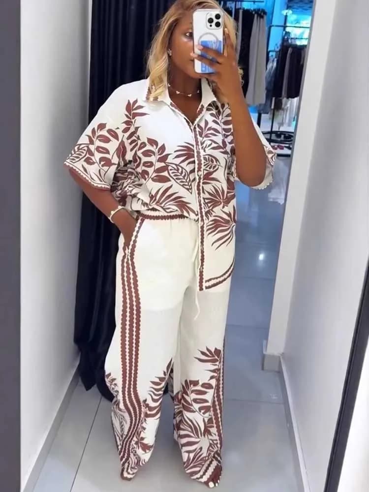 Completo Due Pezzi Modesto da Donna Estivo con Camicia Stampata Folkloristica e Pantaloni a Gamba Larga, Set Casual Elegante da Donna per il Tempo Libero