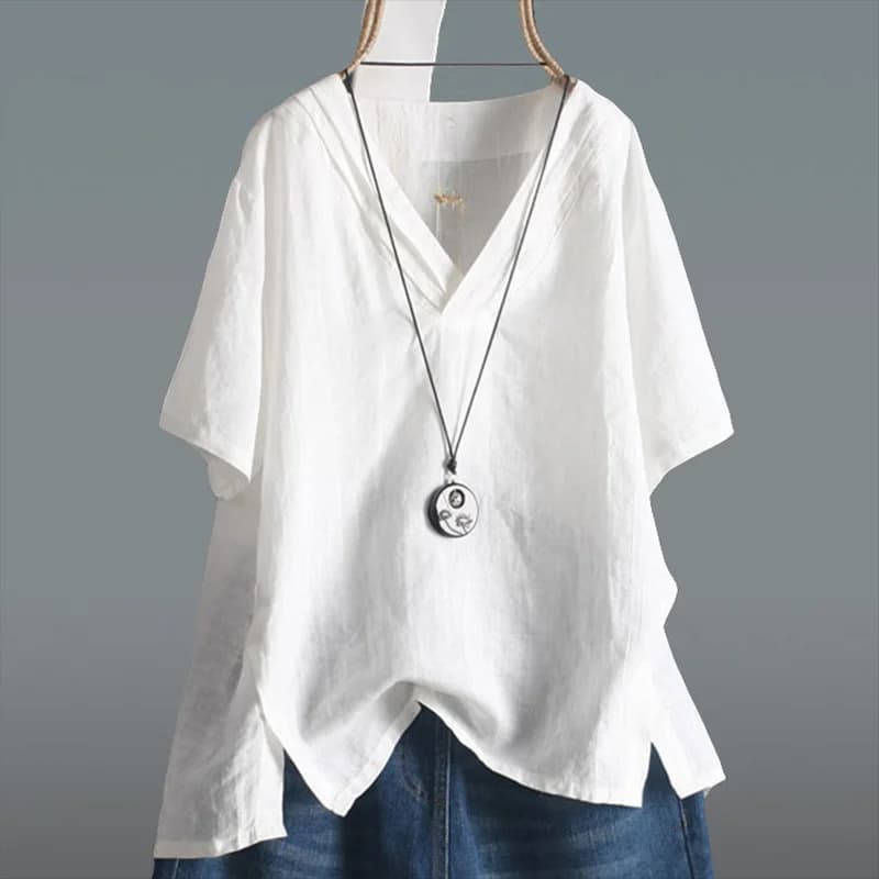 Women's V-neck Short Sleeve Cotton Linen T-shirt Versatile Summer Top Commute Style Loose Fit Regular Sleeve Length Color