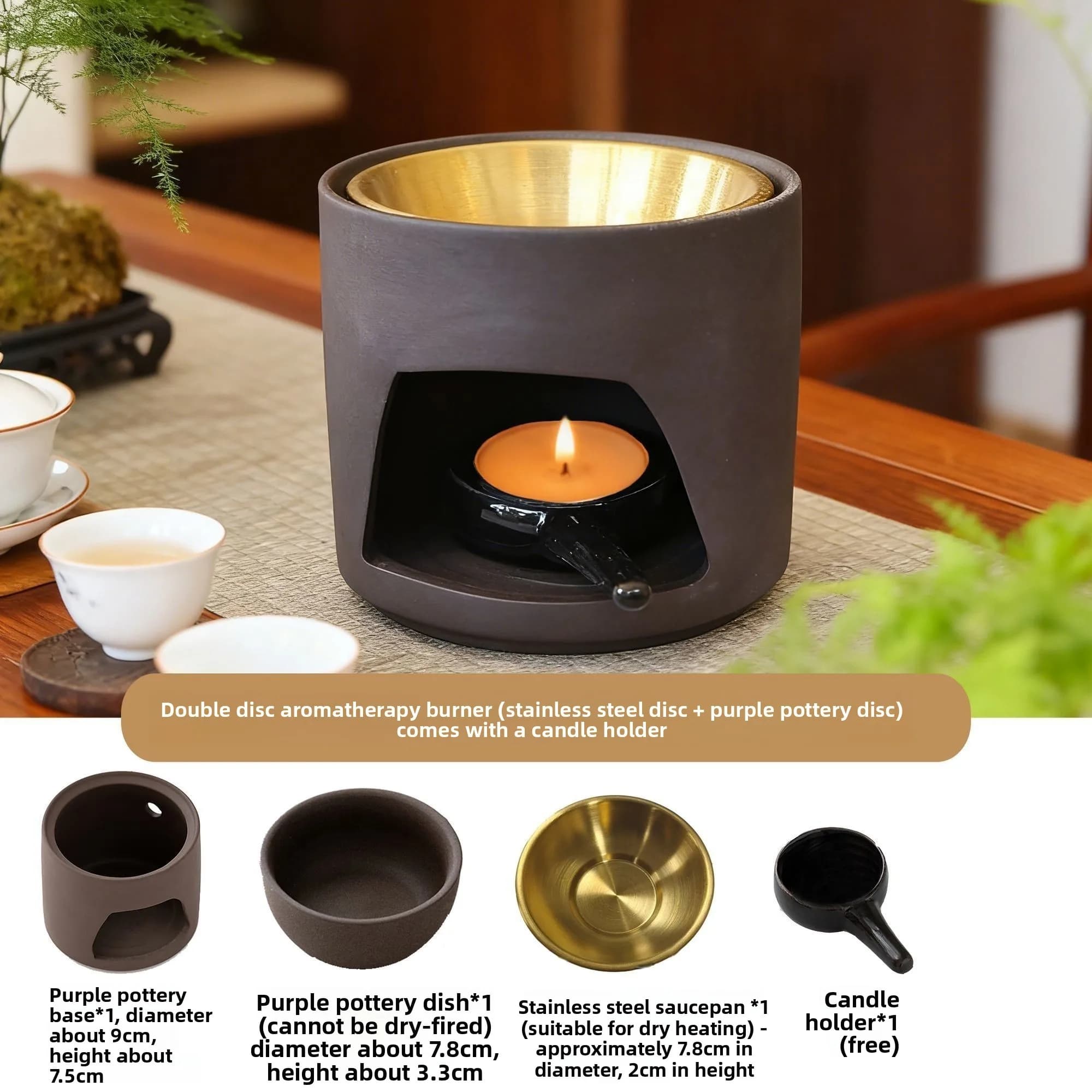 Dry-burning Fireproof Incense Burner with Sandalwood Agarwood Ground Aroma Essential Oil Brick Heater Double-dish Aroma Diffuser