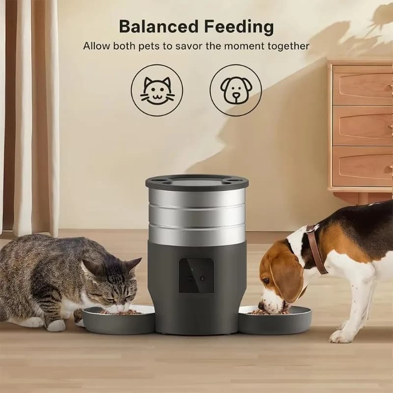 Distributore Automatico di Cibo per Animali da 4,5L con Alimentazione Temporizzata e Quantificata, Controllo Remoto WIFI, Acciaio Inossidabile, Registrazione Vocale per Gatti e Cani