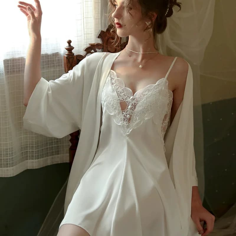 Female 2PCS Robe Nightgown Set Pajama Sexy Suspender Nightdress Lingerie Summer Kimono Bathrobe Gown Rayon Homewear Lounge Wear