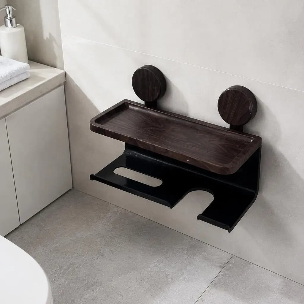 No Drill Wall‑Mounted Bathroom Organizer, Wood‑Grain Top Shelf with Paper Towel Holder & Hair Dryer Bracket, Multi‑Purpose Bath Wall Storage Rack for Vanity & Toilet