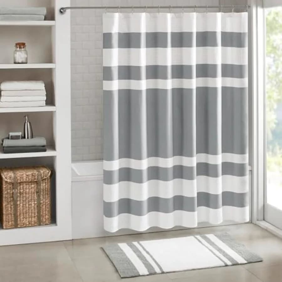 Shower Curtain Waffle Weave Striped Pieced Design Fabric Shower Curtains for Bathroom with 3M Scotchgard Moisture Management Pr