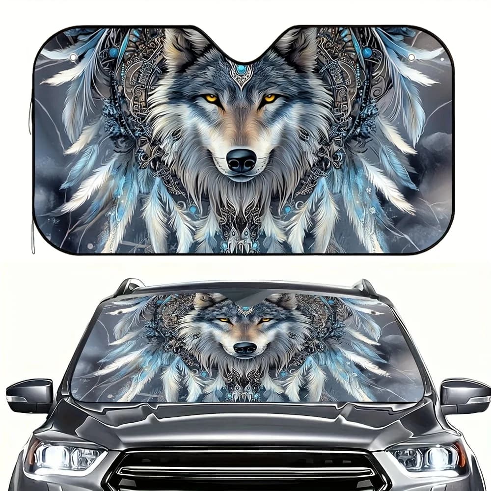 Wolf Dream Catcher Phantom Print Car Sunshade - Stylish Wolf & Feathers Design, Fit For Cars, SUVs, Trucks, 4 Suction Cups, Fold