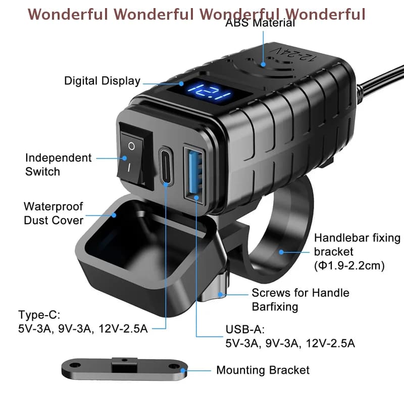 Caricabatterie per Moto 48W con Doppia Porta USB Type C PD e Quick Charge 3.0, Voltmetro e Interruttore ON/OFF