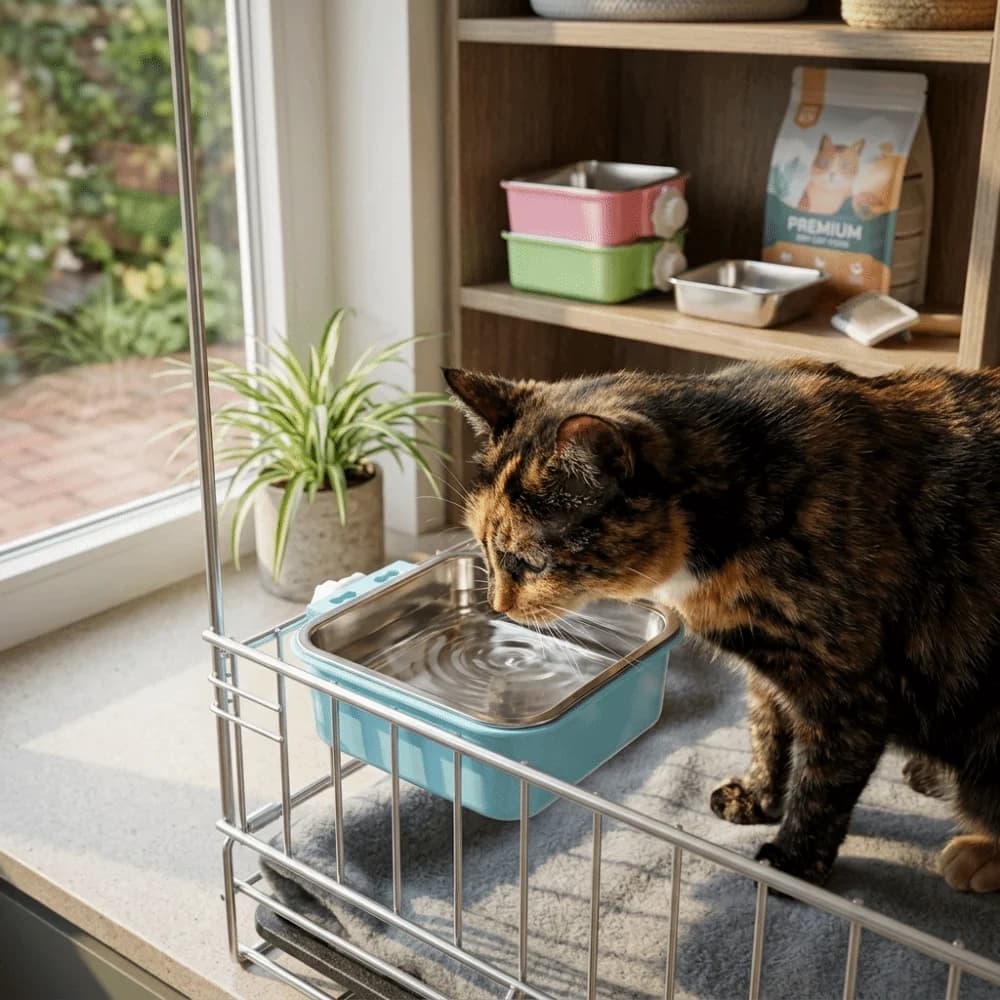 Metal Hanging Pet Bowl Food Grade Adjustable Mount Crate Mount Pet Bowl Detachable Inner Bowl Square Shape Pet Feeding Bowl