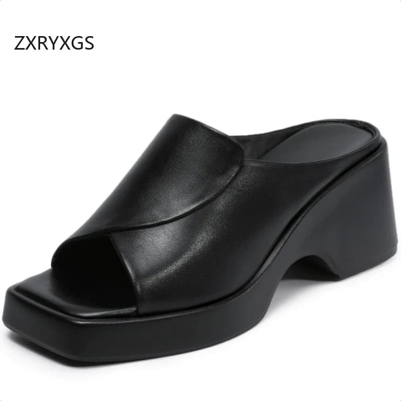 ZXRYXGS Top Cowhide Square Toe Open Toe Slippers 2026 Summer Genuine Leather Outerwear Slippers Wedges High Heels Women Slippers