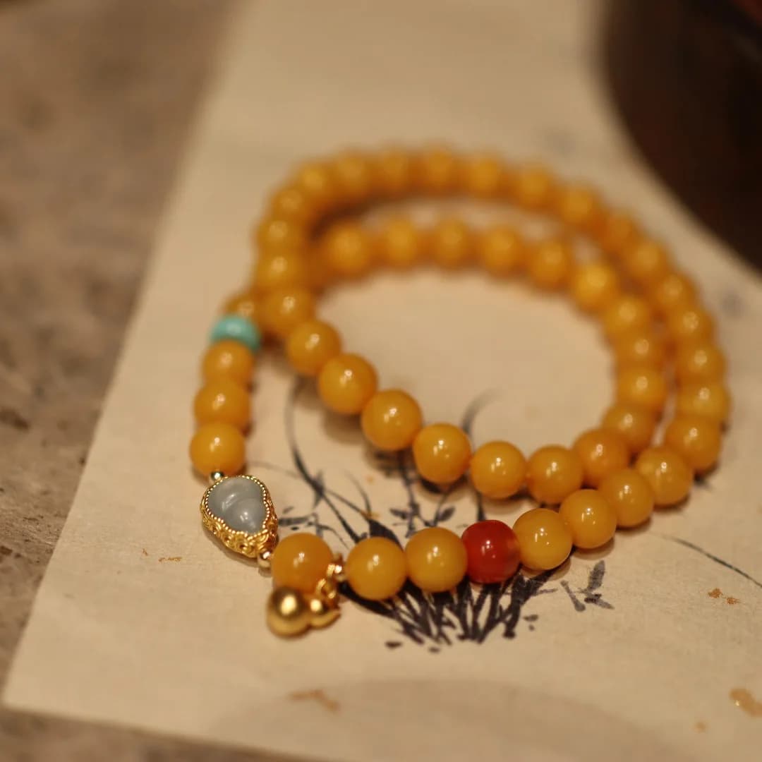 Cera d'api naturale a doppio strato da 7 mm per donna S Argento Zucca Fortuna Buona fortuna Bracciale multi-anello Gioielli personalizzati