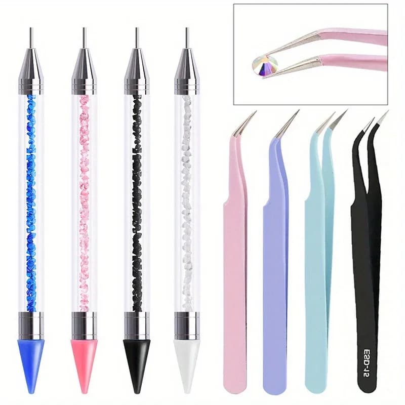 Set of 2 pieces of double-end diamond pens for manicure with pastels stainless steel pliers nail art grafting eyelashes tools for manicure