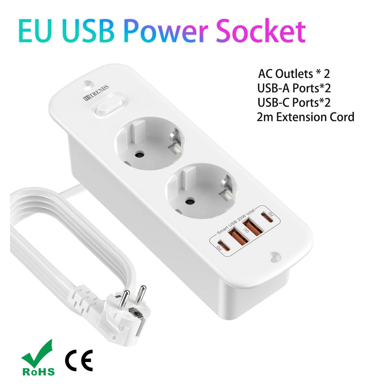 Multiple recessed EU table socket with 2 AC sockets 2 USB ports A and 2 type C fast charging, 2 m cable for worktop, furniture
