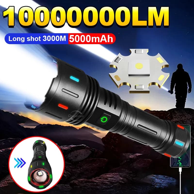 Nuova torcia a LED Ultra potente da 5000mAh 10000000LM torcia ricaricabile con Zoom torcia ad alta potenza lanterna a colpo lungo 3000M