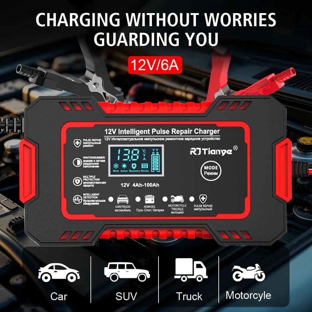 Caricabatterie 6A 12V Forniture per camper Riparazione a impulsi intelligente digitale Deposito Manutenzione batteria Caricabatterie per auto per barca moto