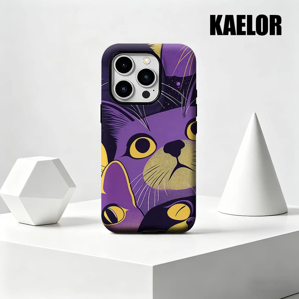 Custodia Kaelor opaca antiurto per MagSafe per iPhone 17 16 15 14 Plus 13 Pro Max, in PC rigido, viola giallo con motivo gatto