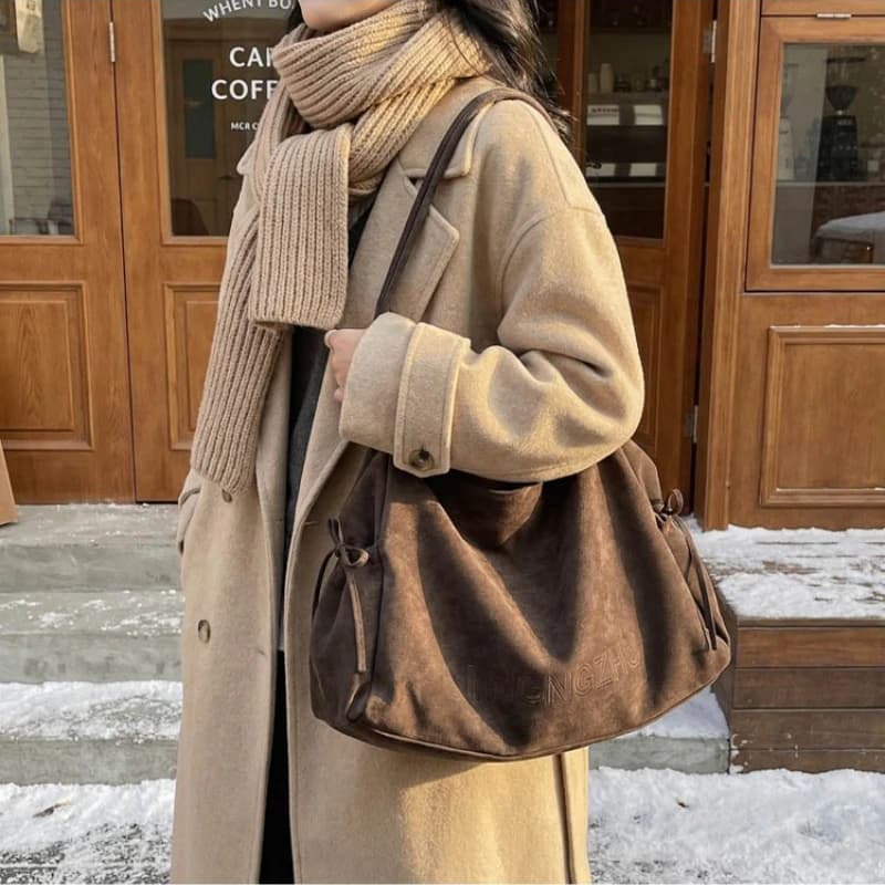 Black Vintage Faux Suede Shoulder Bag Minimalist Ruched Tote Purse with Drawstring Detail, Lightweight Daily Casual Use Handbags