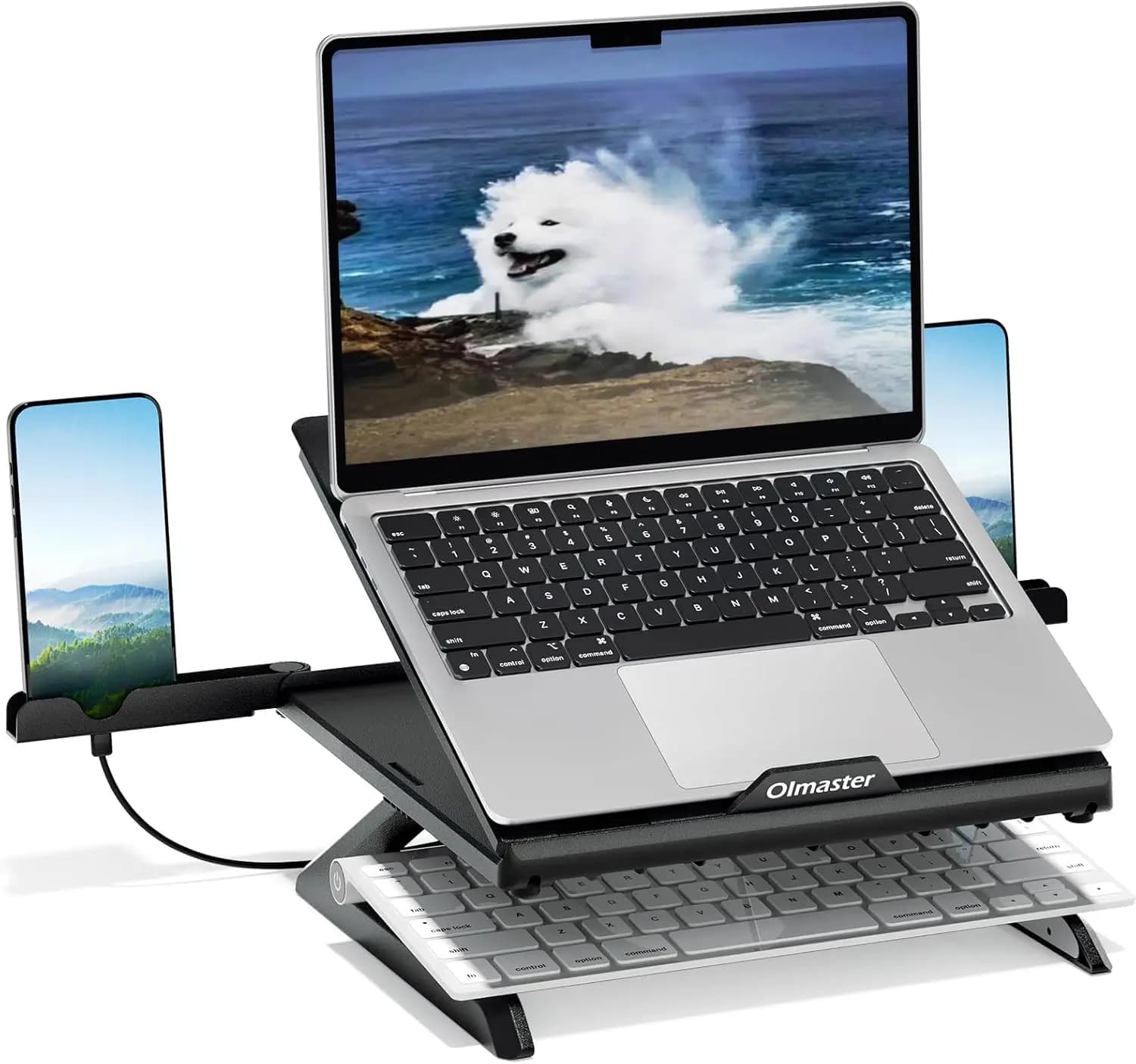 Supporto Regolabile per Laptop, Rialzo Ergonomico Pieghevole per Notebook da 9-15.6 Pollici, con Ventilazione e Supporti per Telefono, Nero