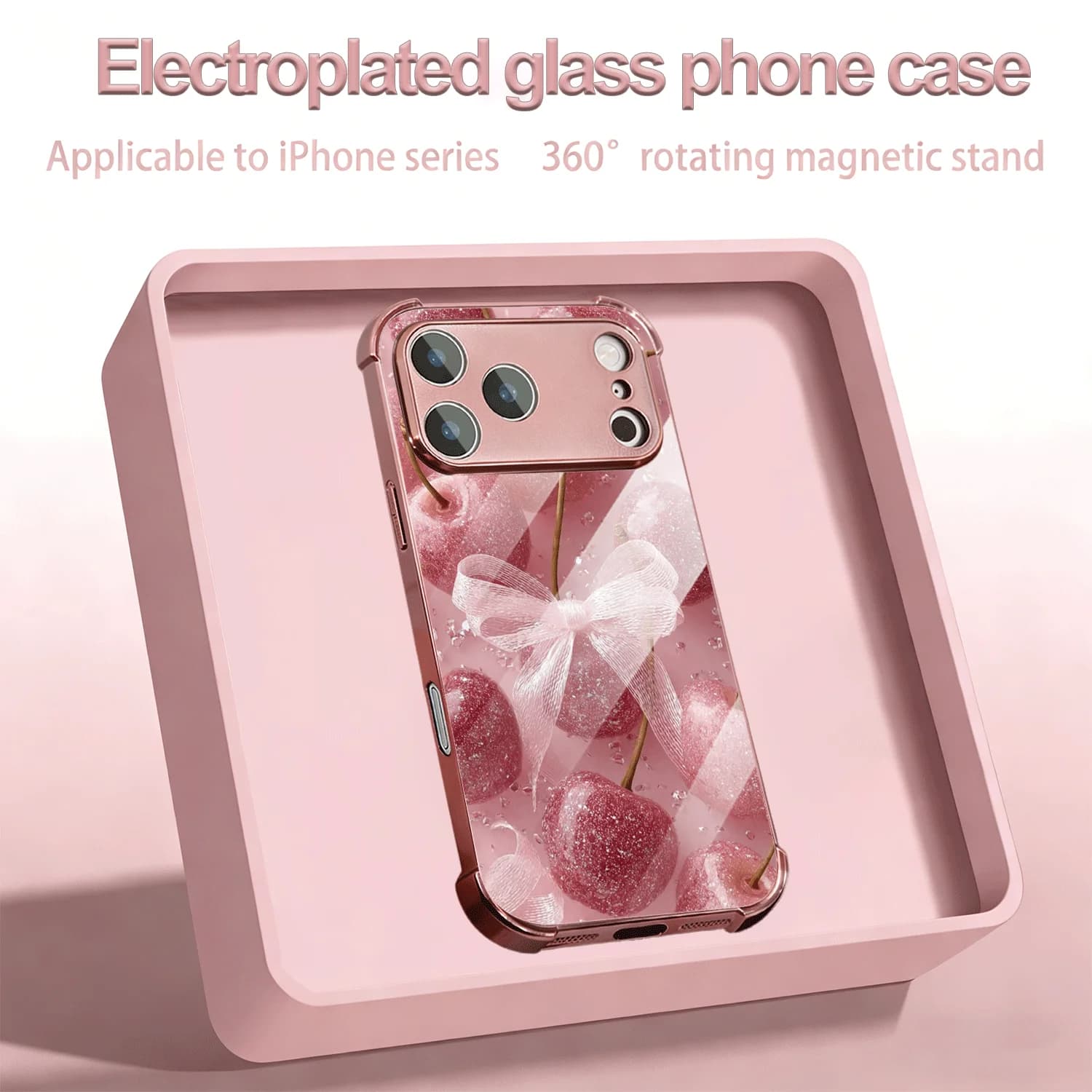 Pink Glittery Cherries With Bow Electroplated Glass Lens Protective Shockproof Case For iPhone 13 14 15 16 17 Pro ProMax