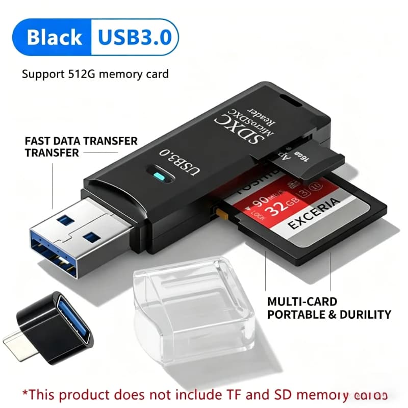 Lettore di schede USB 3.0 2-in-1 per schede di memoria SD e TF, compatibile con iPhone, Android, PC, laptop, auto, fotocamere universali.