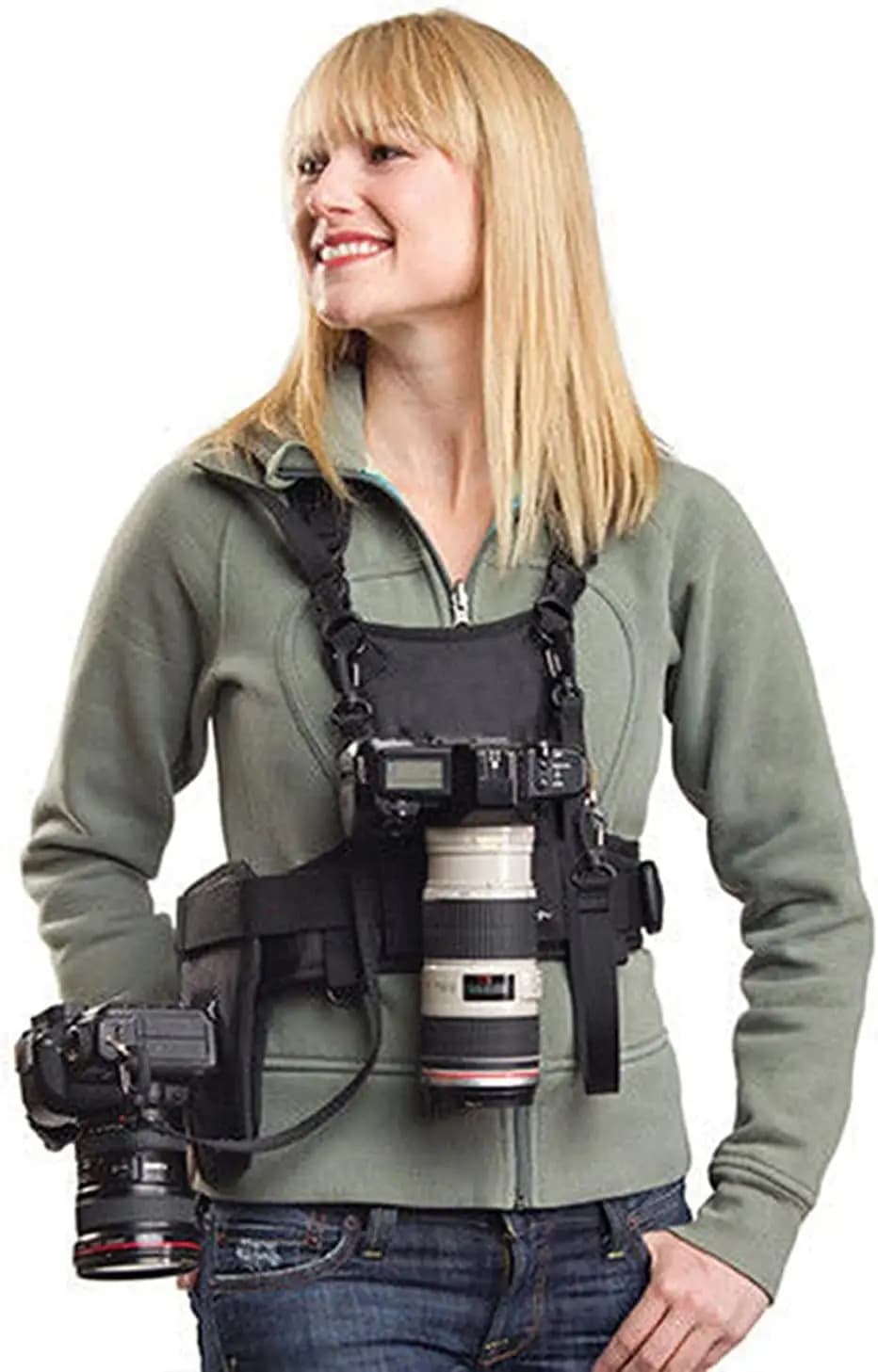 Con 2 DSLR doppia tracolla per fotocamera, sistema di imbracatura pettorale cintura fotografica per Nikon Canon Sony SLR/videocamere