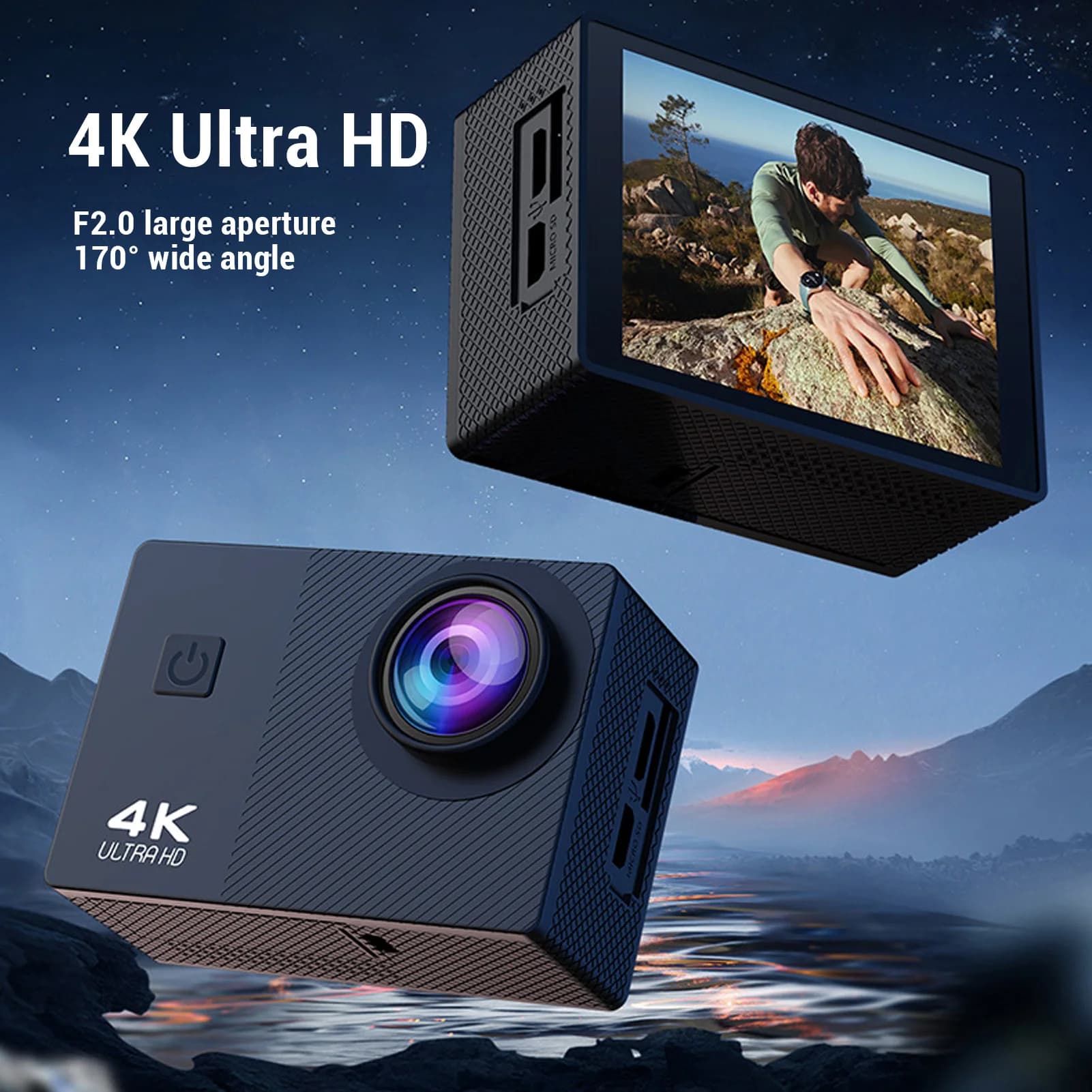 2.0 Inch Screen Cycling Video Camera 4K HD Rain Proof Wide Angle Electronic Stabilization Wearable Cycling Car for Outdoor Sport