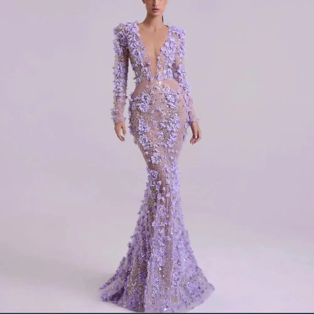 Abiti da sera personalizzati con applicazioni floreali 3D 2025 Ricamo Illlusion abiti da gala Abito da sera con perline con scollo a V