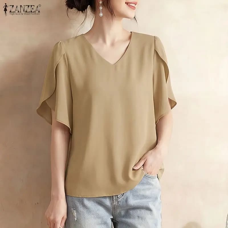 2026 Summer Office Blouse ZANZEA Elegant Women V Neck Petal Sleeve Tops Casual Solid Color Shirt Tunic Femme Holiday Blusas