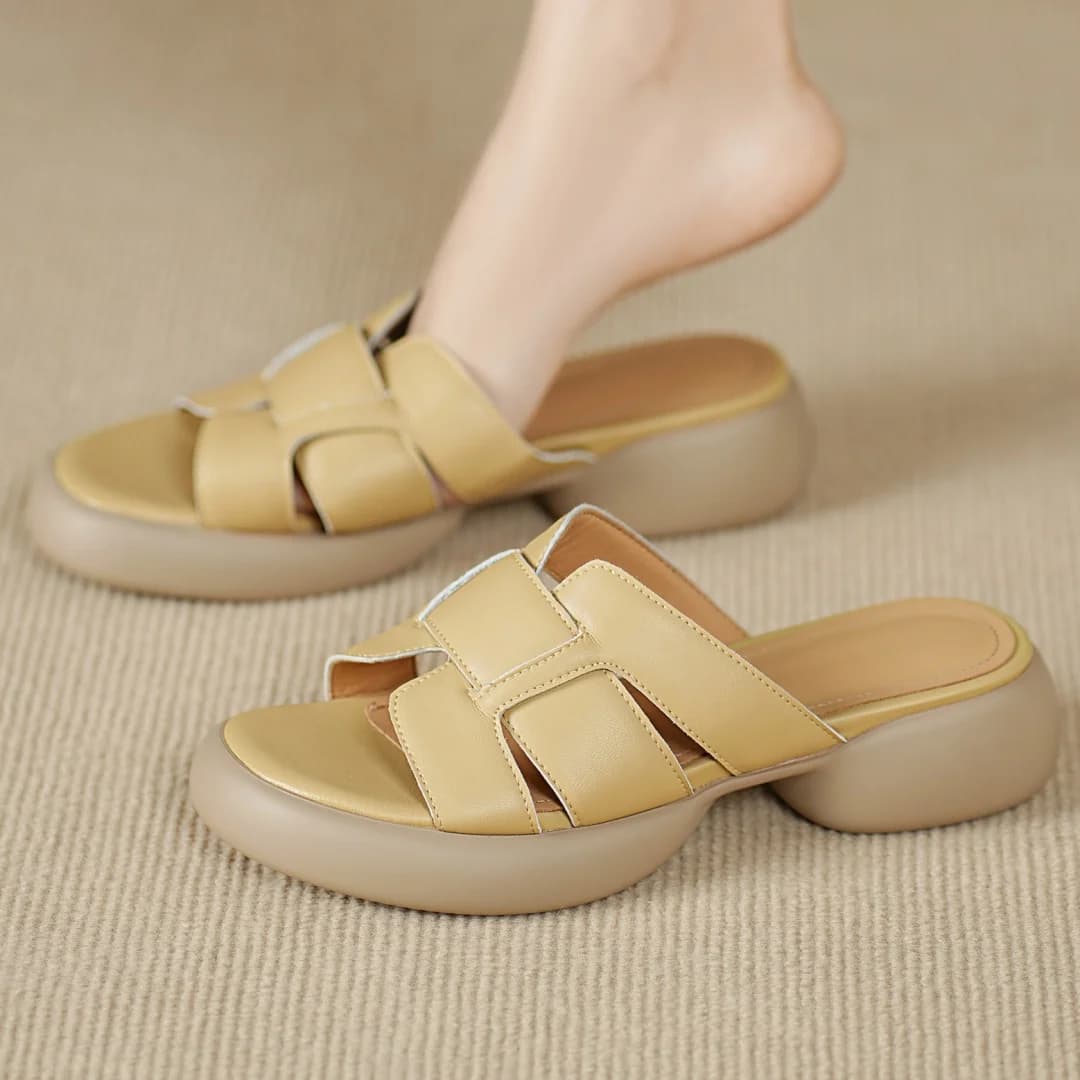 Scarpe da donna slip-on in vera pelle con fascia stretta intrecciata e punta aperta, sandali estivi con suola spessa e plateau, scarpe estive