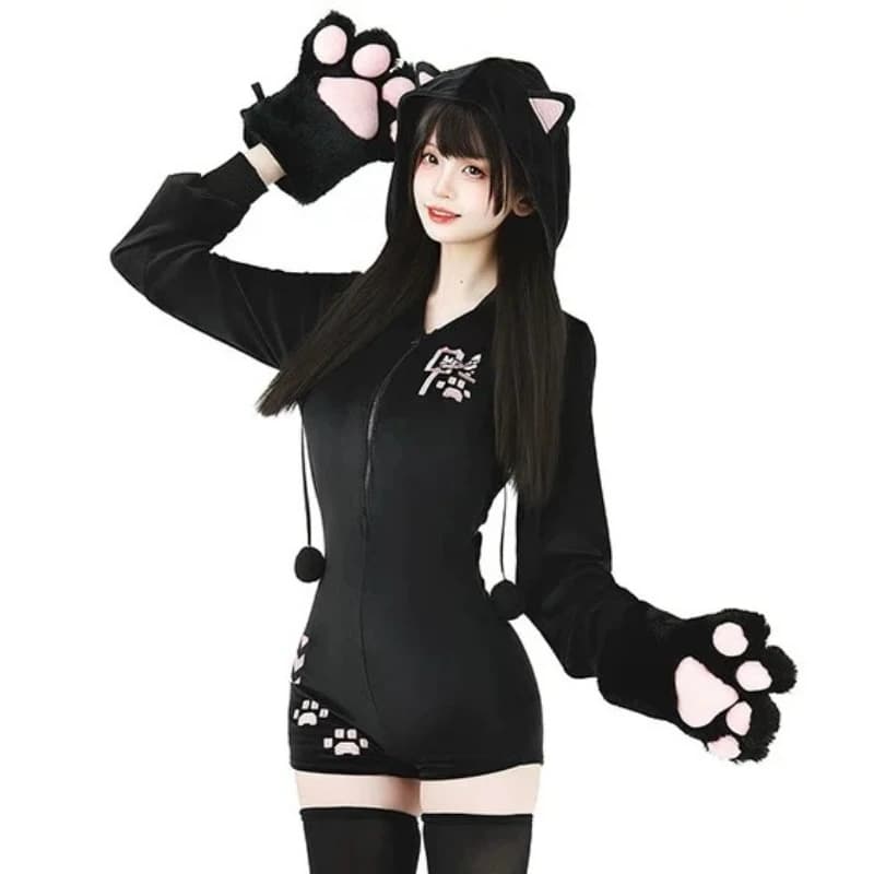 Anime Cute Cat Plush Hooded Bodysuit Cosplay Costume Pajama Set for Kittens One-piece Bottom Top Sweet Zipper Hoodie Paw Uniform