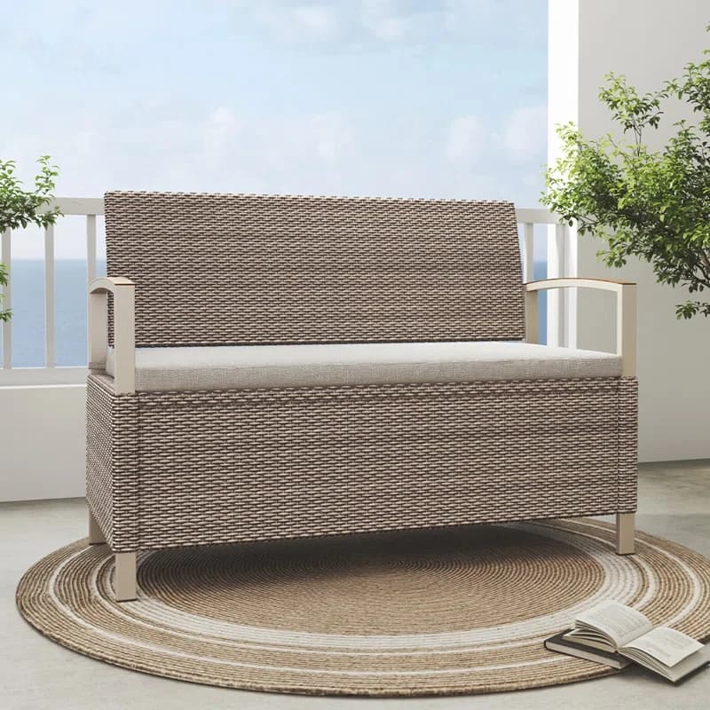 Outdoor storage bench with olefina cushion, wicker deck box with water-resistant bag, outdoor seating for front porch