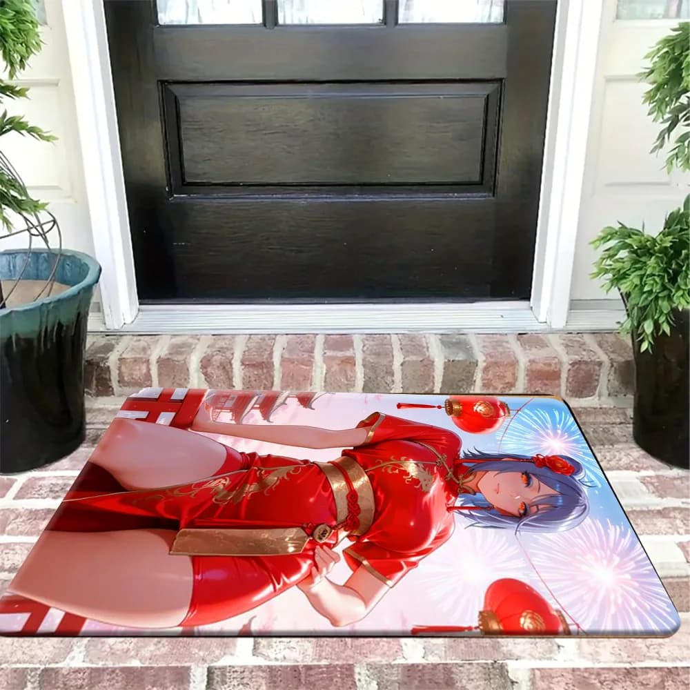 Door mat with anime girl print in red cheongsam with Chinese lanterns and fireworks, anti-slip washable entry carpet for interior and exterior