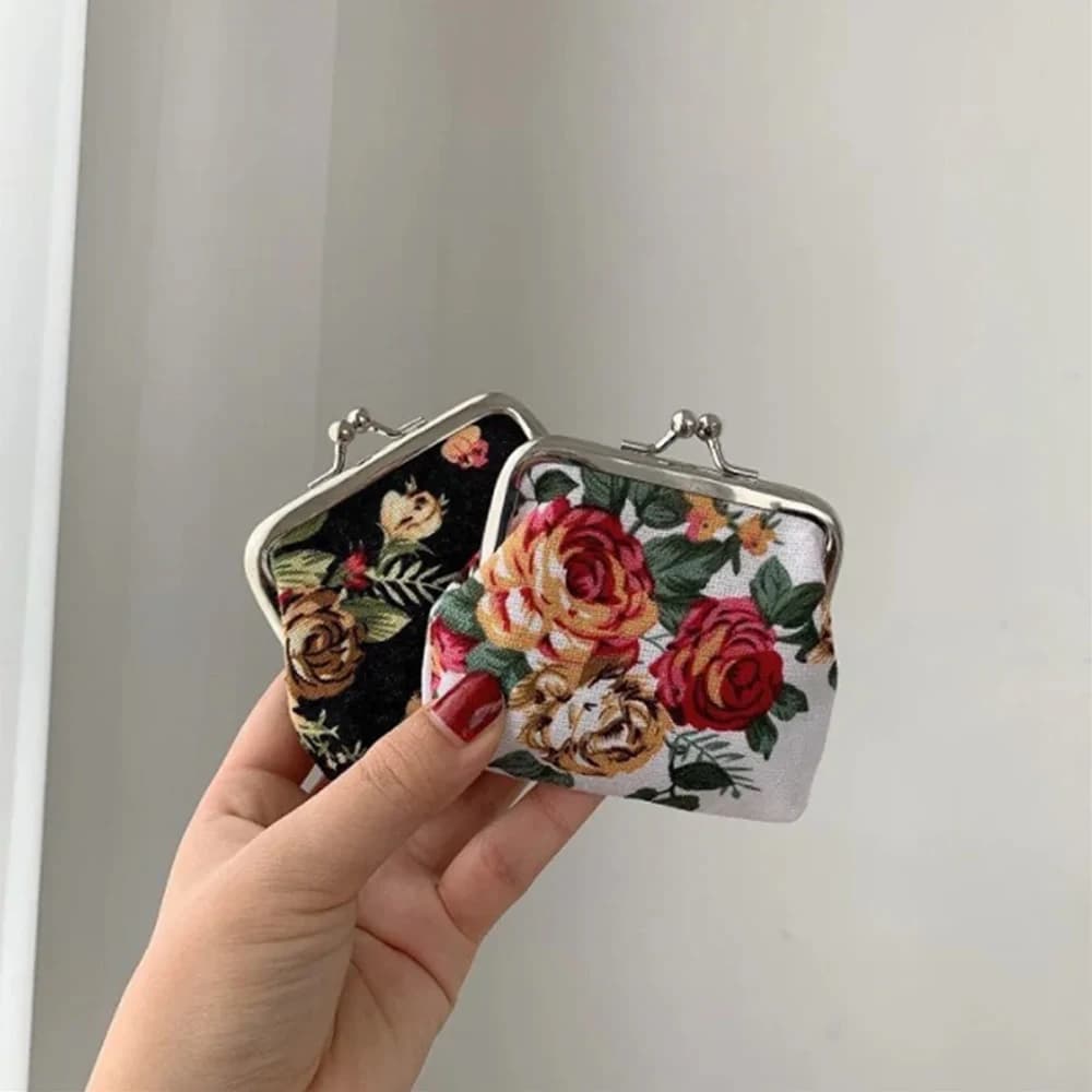 Portamonete alla Moda con Motivo Rosa, Mini Portafogli per Donne, Borsellino per Bambine, Portamonete con Cerniera, Piccola Pochette con Tasche per Chiavi