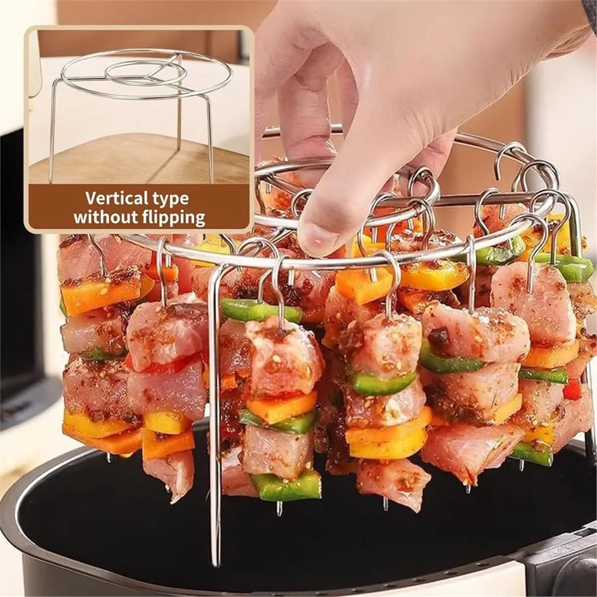 (A14E) Griglia per Friggitrice ad Aria, Set di Spiedini per BBQ in Acciaio Inox, 24 Spiedini Verticali per Carne con Supporto Rotondo