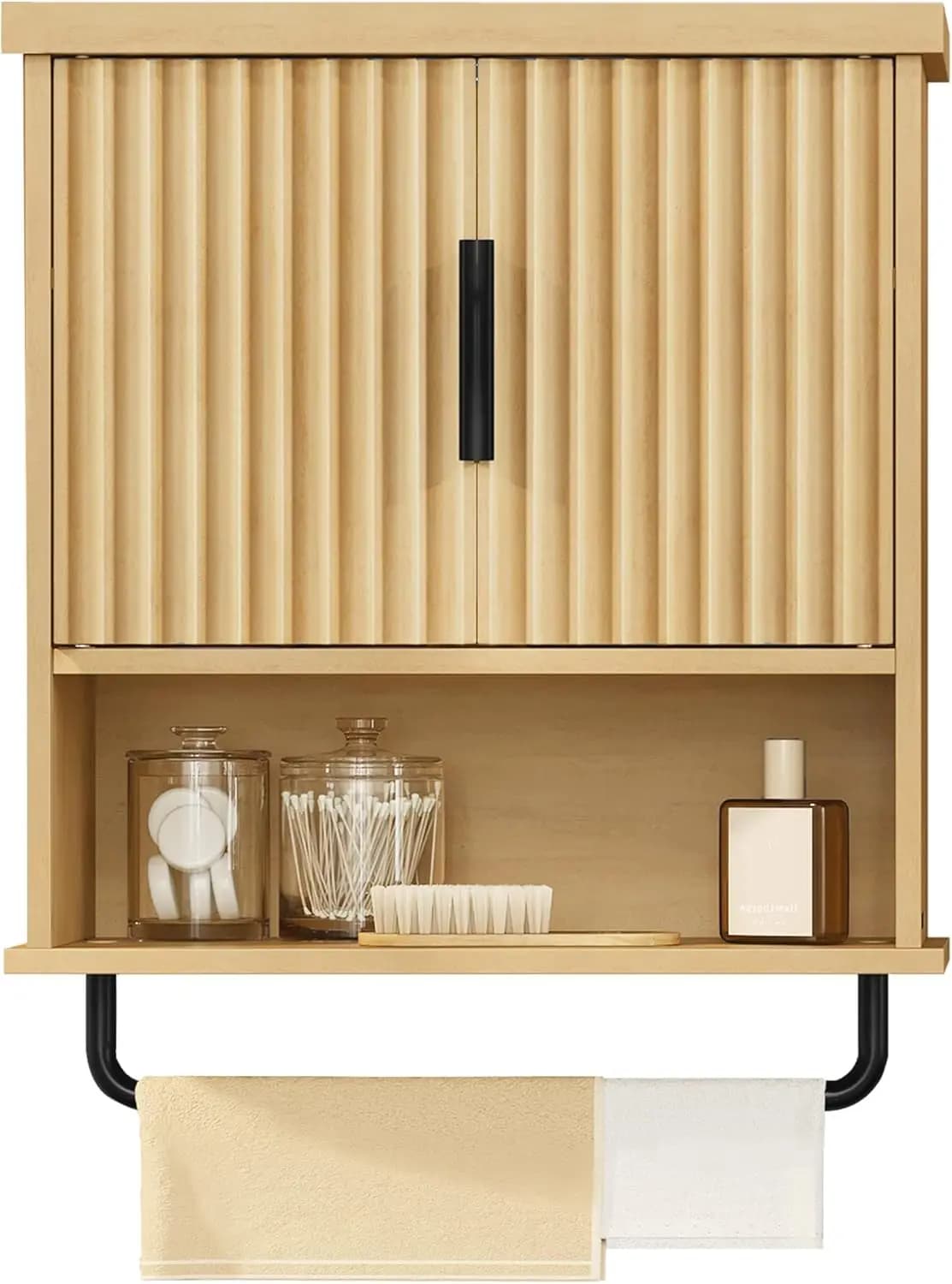 Mobile da bagno a parete con ripiano regolabile, portasciugamani e ante scanalate - 7,9x17,7x24 pollici, rovere beige