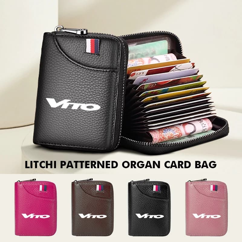 For Mercedes Benz Litchi Patterned Leather Card Bag RFID Blocking Zipper Wallet W124 W203 VITO Sprinter Viano V-Class R-Class