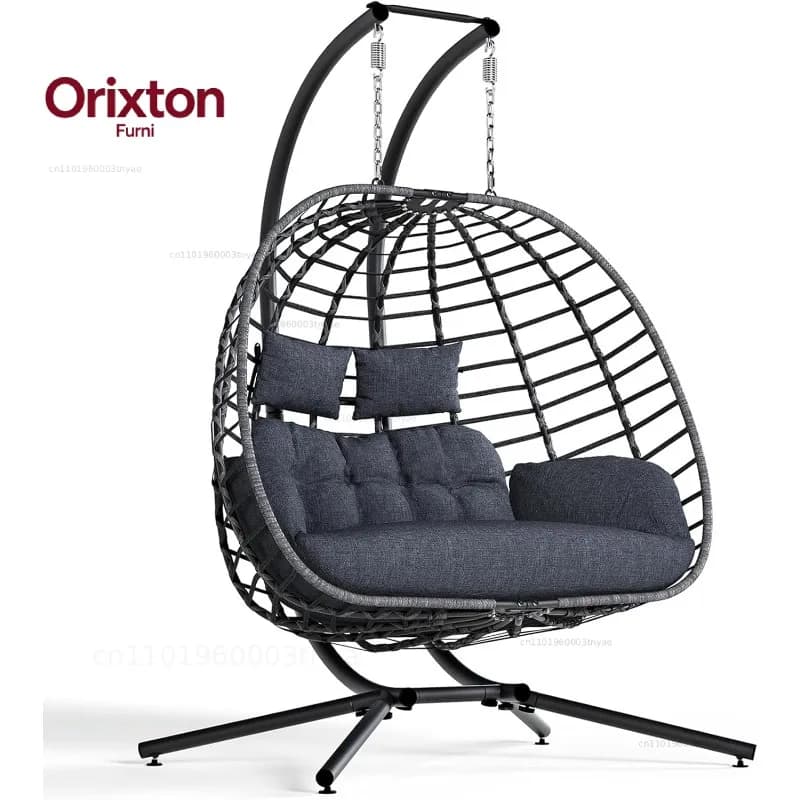 Double Egg Swing Chair with Stand, Outdoor Patio 2 Person Hanging Wicker Hammock Chairs with Cushion for Indoor Bedroom