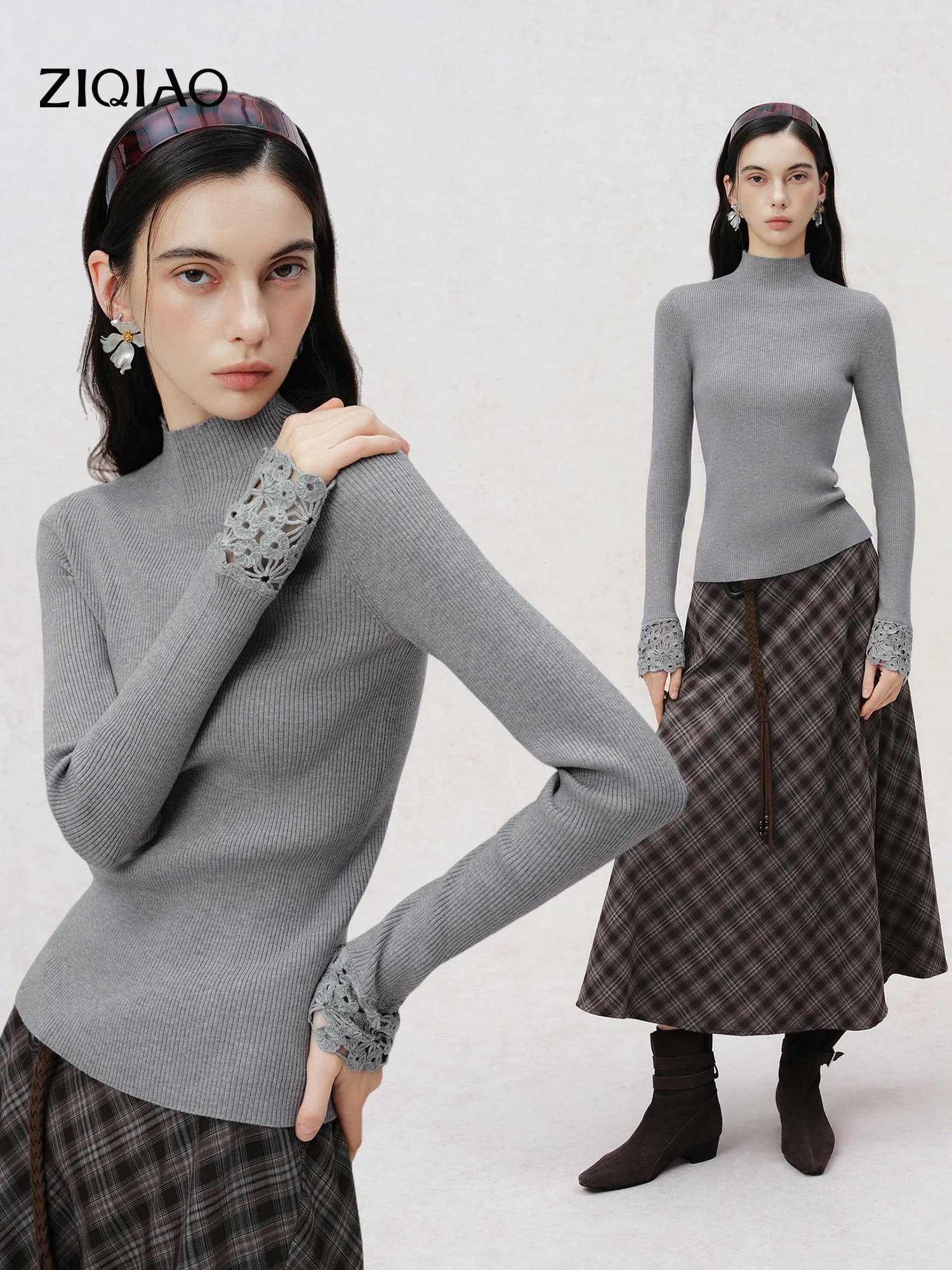 ZIQIAO Women Mock Neck Knit Sweater 2026 Autumn New Vertical Ribbed Cuffs Hollow‑Out Crochet Detail Set‑in Shoulder Knit Top