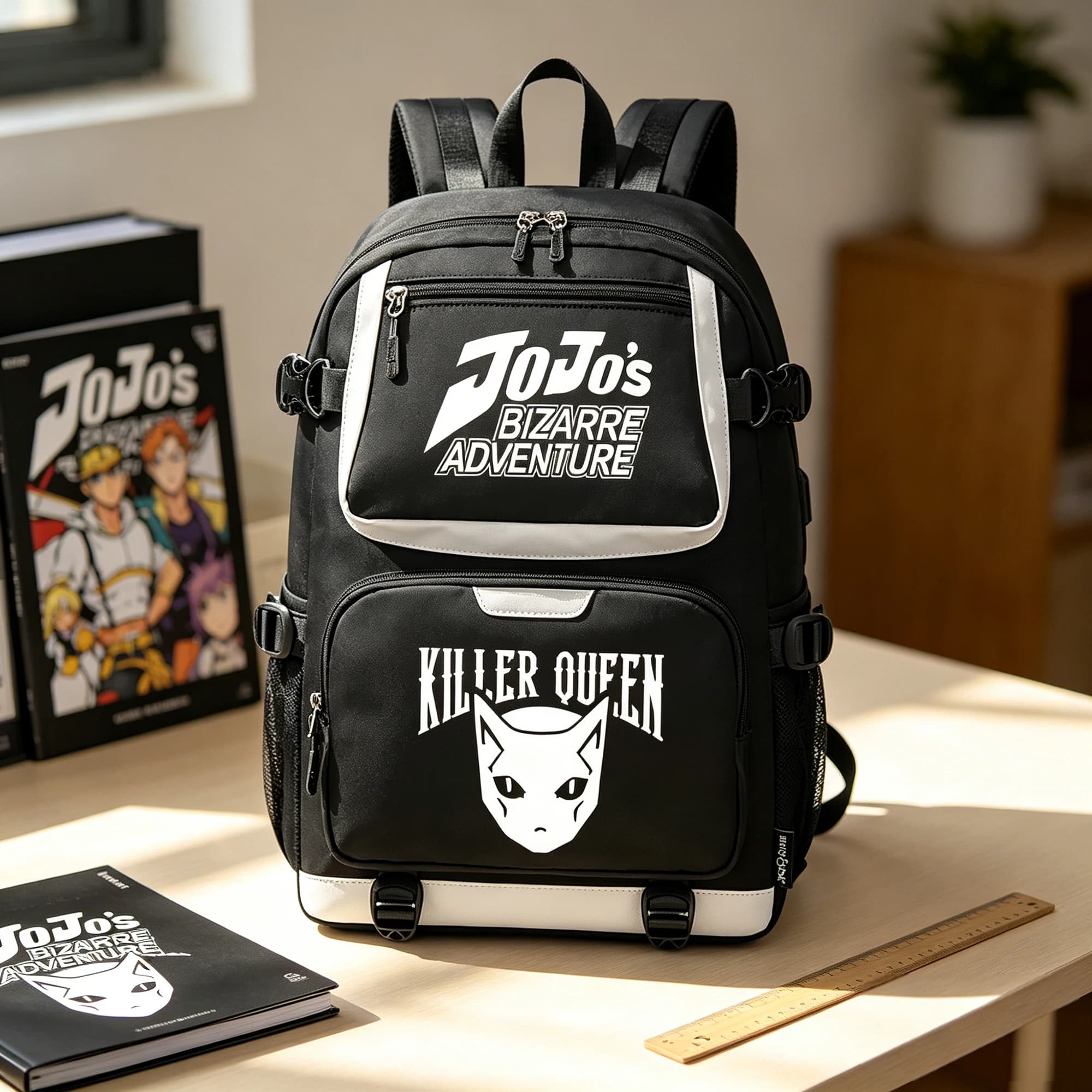 Jojojojo's Bizarre Adventure Anime Travel Bagpack borse da scuola impermeabili Cartoon Large Bookbag Women Pink USB Port Laptop Bagpack