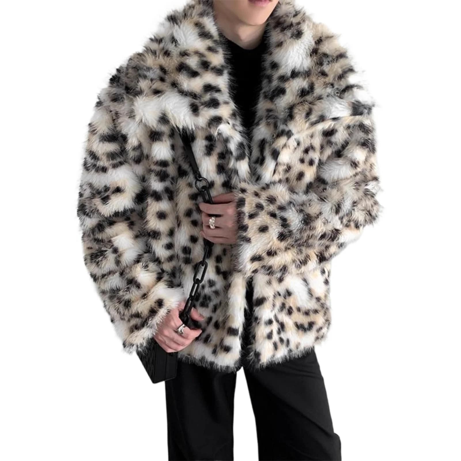 Men's Fashion Luruxy Leopard Faux Fur Jacket High Street Elegant Fur Coat For Male 2025 Winter Thick Warm Outerwear Overcoat