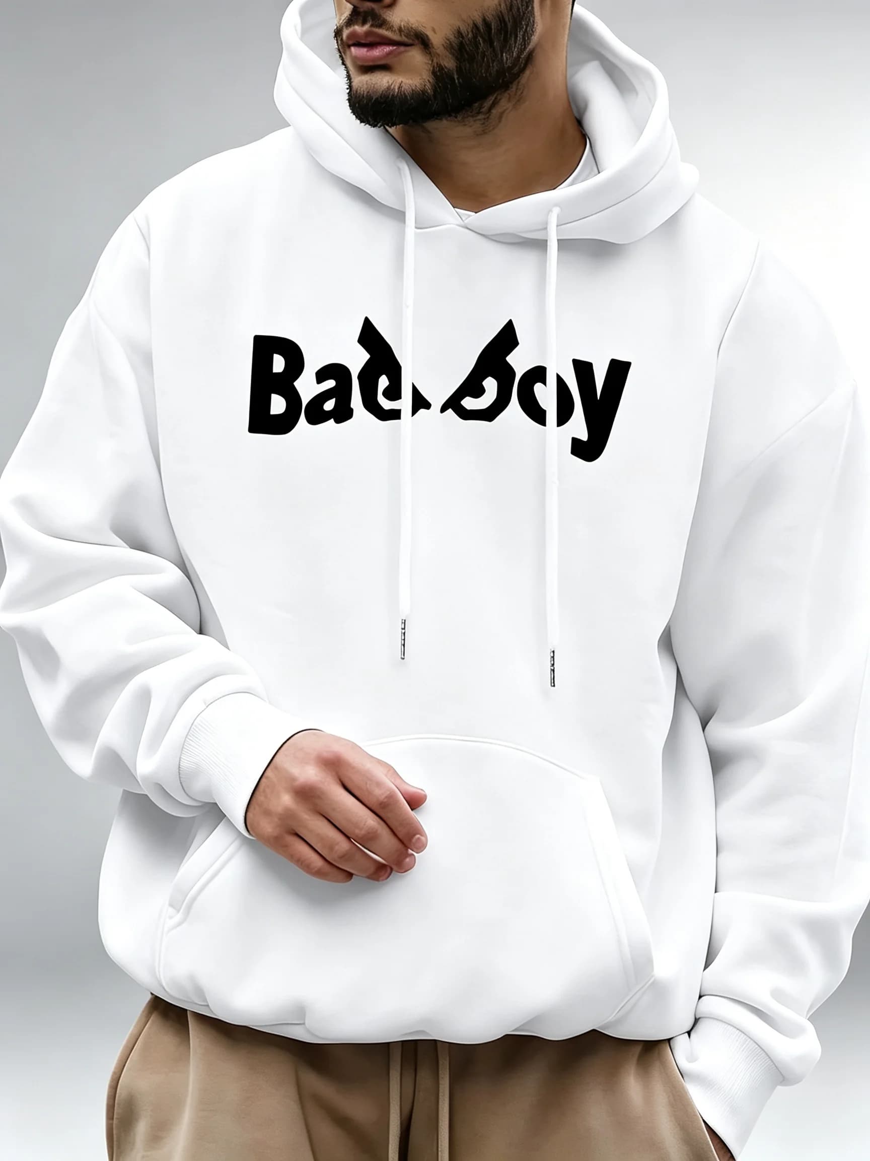 Men Fleece Lined Hoodie Casual Letter Print Pullover Hooded Sweatshirt Kangaroo Pocket Autumn Winter Streetwear Long Sleeve Tops
