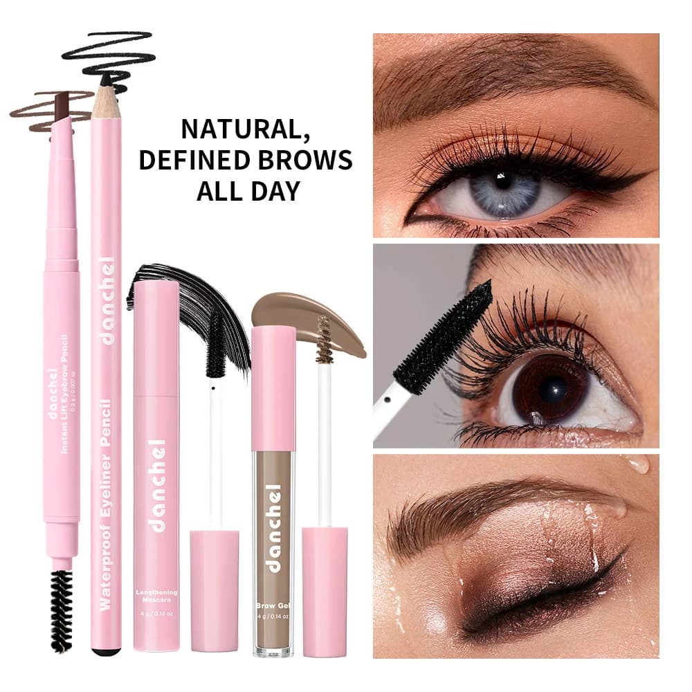 Set Trucco Occhi 4 Pezzi: Matita Sopracciglia Doppia Punta, Eyeliner Impermeabile, Gel Sopracciglia Lunga Durata, Mascara Volumizzante Allungante Donna