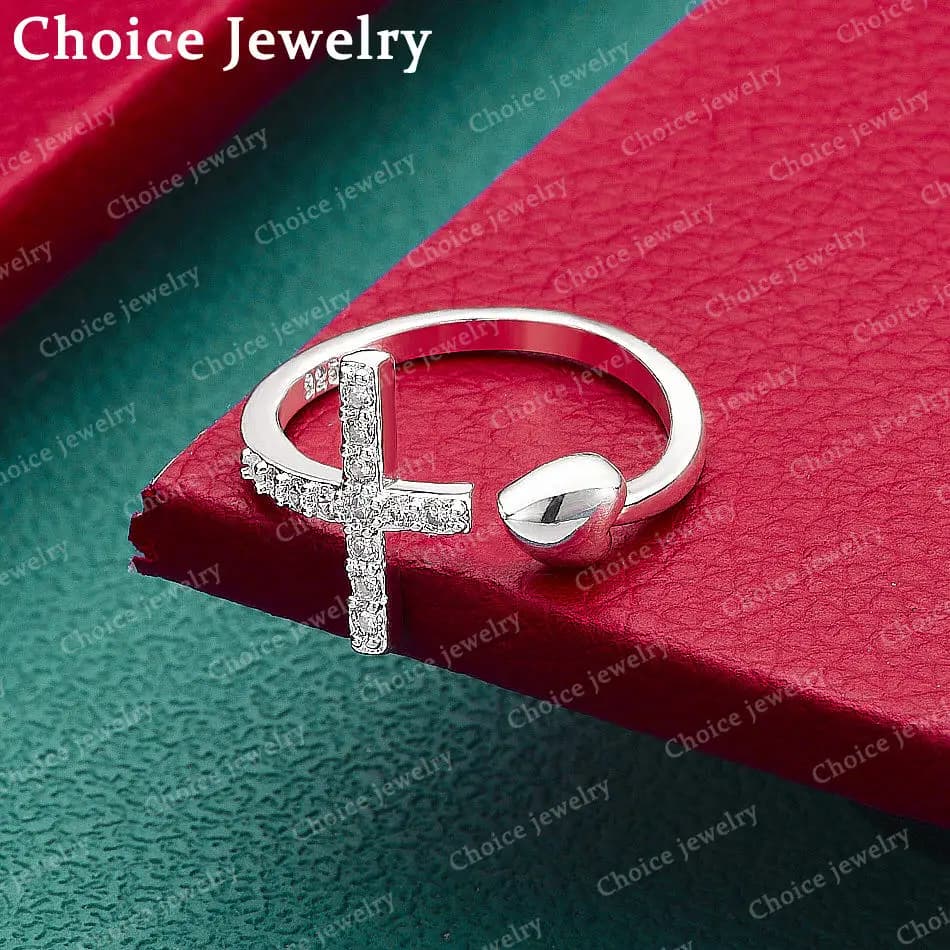 Anello a croce regolabile in argento sterling 925 con zirconi per donna, gioielli alla moda, accessori eleganti e nobili per matrimoni