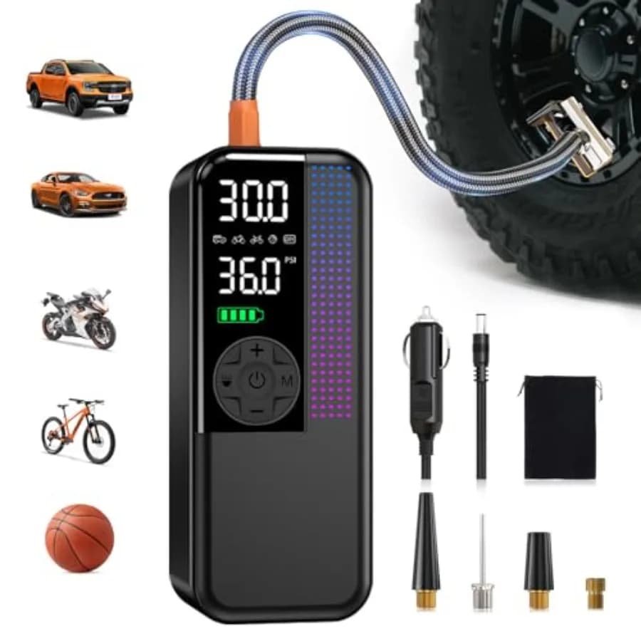 Compressore d'aria portatile per gonfiaggio pneumatici, 150 PSI, senza fili, doppia alimentazione, 6000mAh, 12V DC, presa auto, gonfiaggio rapido 24L/min, automatico