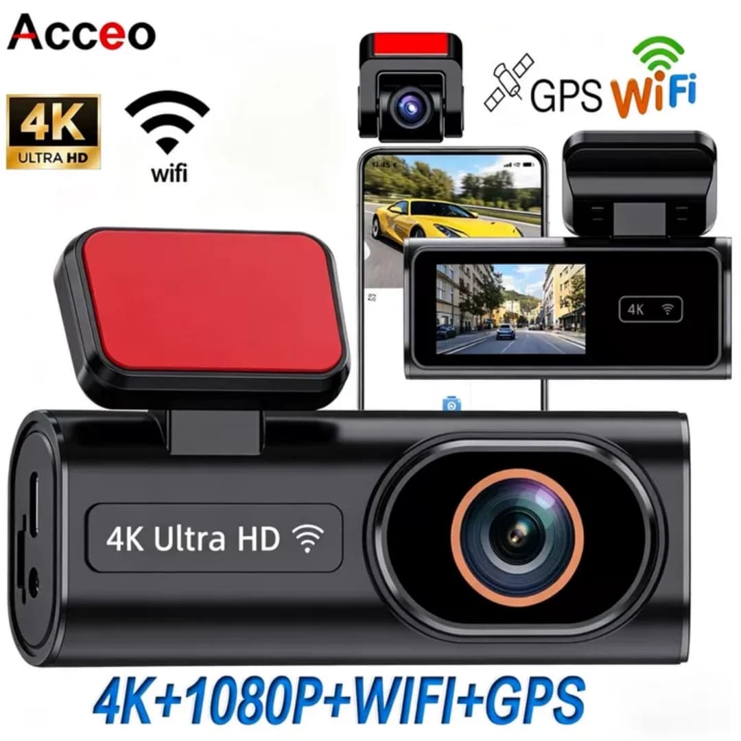 Dash Cam Acceo 4K Ultra HD Anteriore e Posteriore 1080P con WiFi e GPS, Videoregistratore per Auto con Monitoraggio Parcheggio 24H e Registrazione in Loop