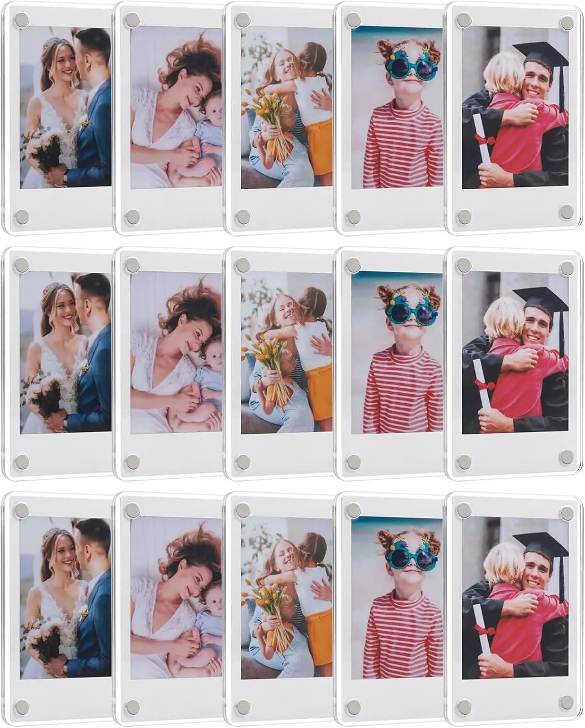 Confezione da 15 cornici magnetiche in acrilico per frigorifero per Polaroid, mini cornici da 2,36x3,54 pollici per Fujifilm Instax Mini, cornice magnetica bifacciale per foto da frigorifero, cornice trasparente per esposizione foto