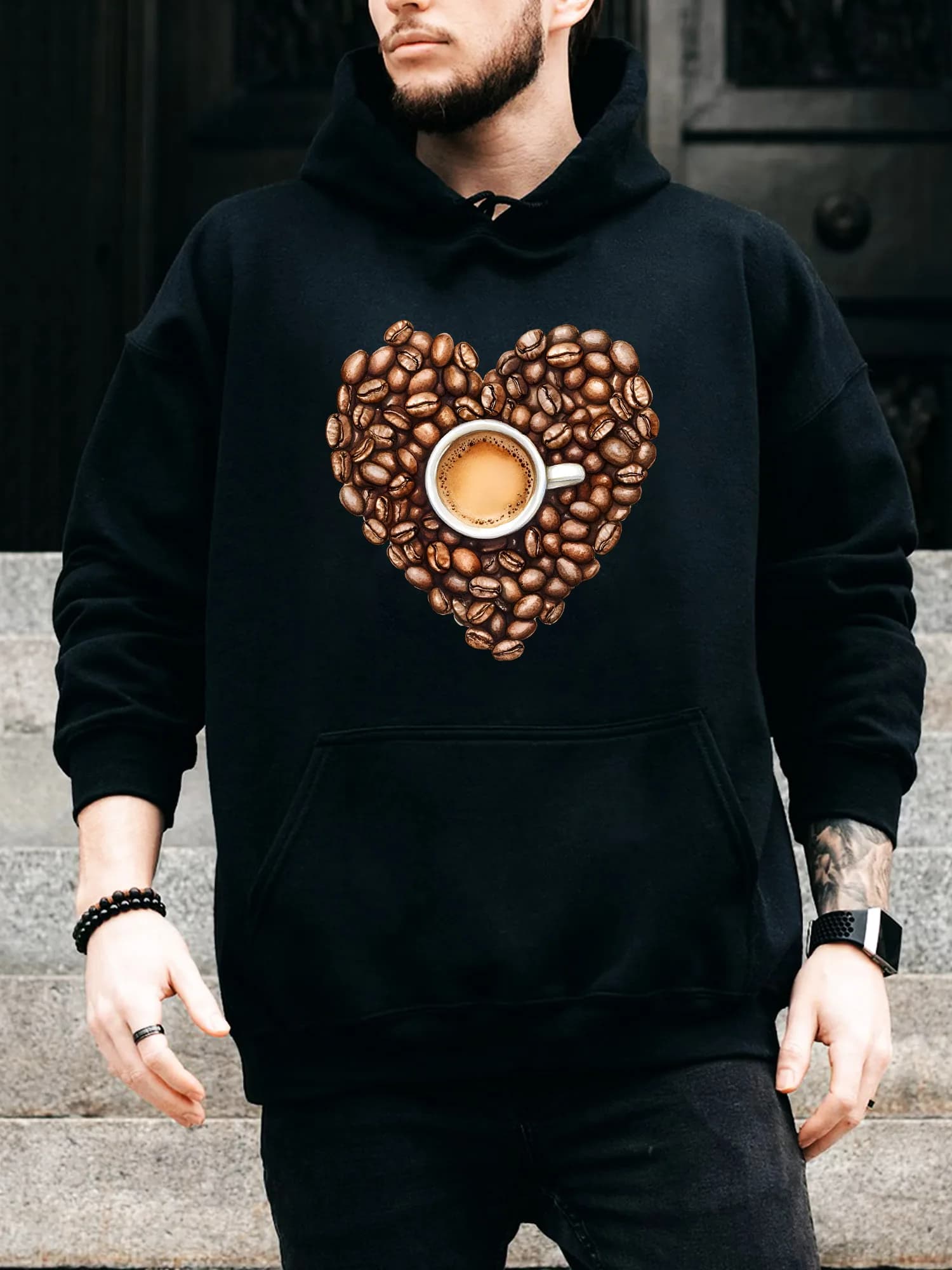 Felpa con cappuccio da uomo con coulisse Coffee Bean Heart - Pullover nero casual e confortevole, felpa con cappuccio autunno e inverno