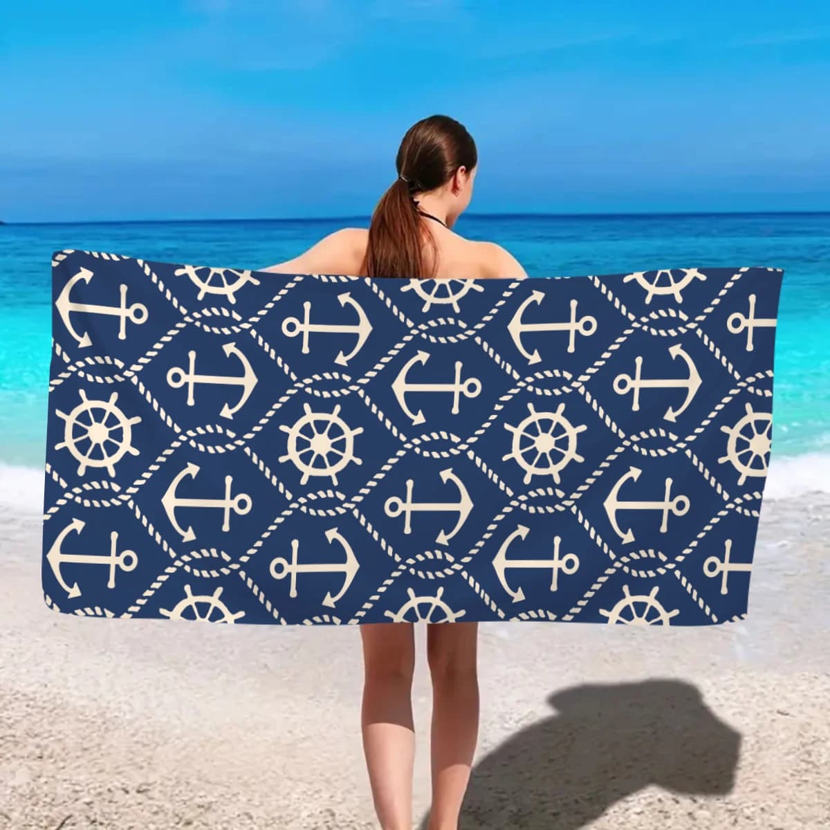 1 pezzo di asciugamano da spiaggia con stampa di elementi oceanici, stella marina, ancora per barca, asciugamano da viaggio per piscina, yoga, palestra, 70x140 cm