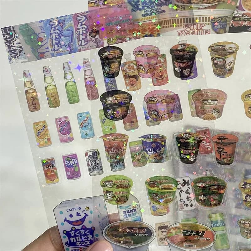 10pcs/set Shiny Retro Japanese Food Series Scrapbook Sticker Cute Cartoon Snack Journaling Sticker DIY Decor Stationery Sticker