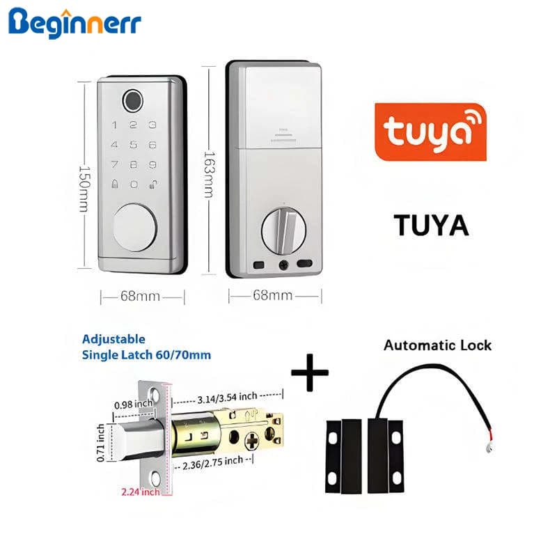 Serratura automatica argento con catenaccio Tuya WiFi TTlock codice pin impronta digitale Sensore magnetico per porta a induzione Serratura elettronica intelligente