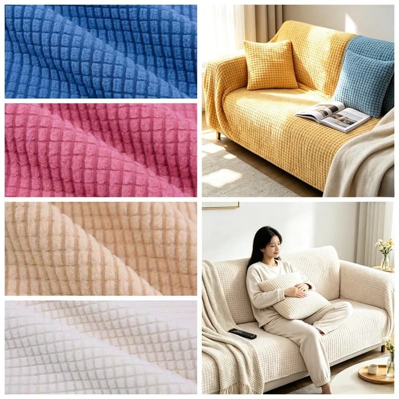 Stretch Jacquard Grid Polar Fleece Fabric By The Meter for Sofa Cover Cushion Chair DIY Sewing Anti Slip Soft Comfortable Cloth