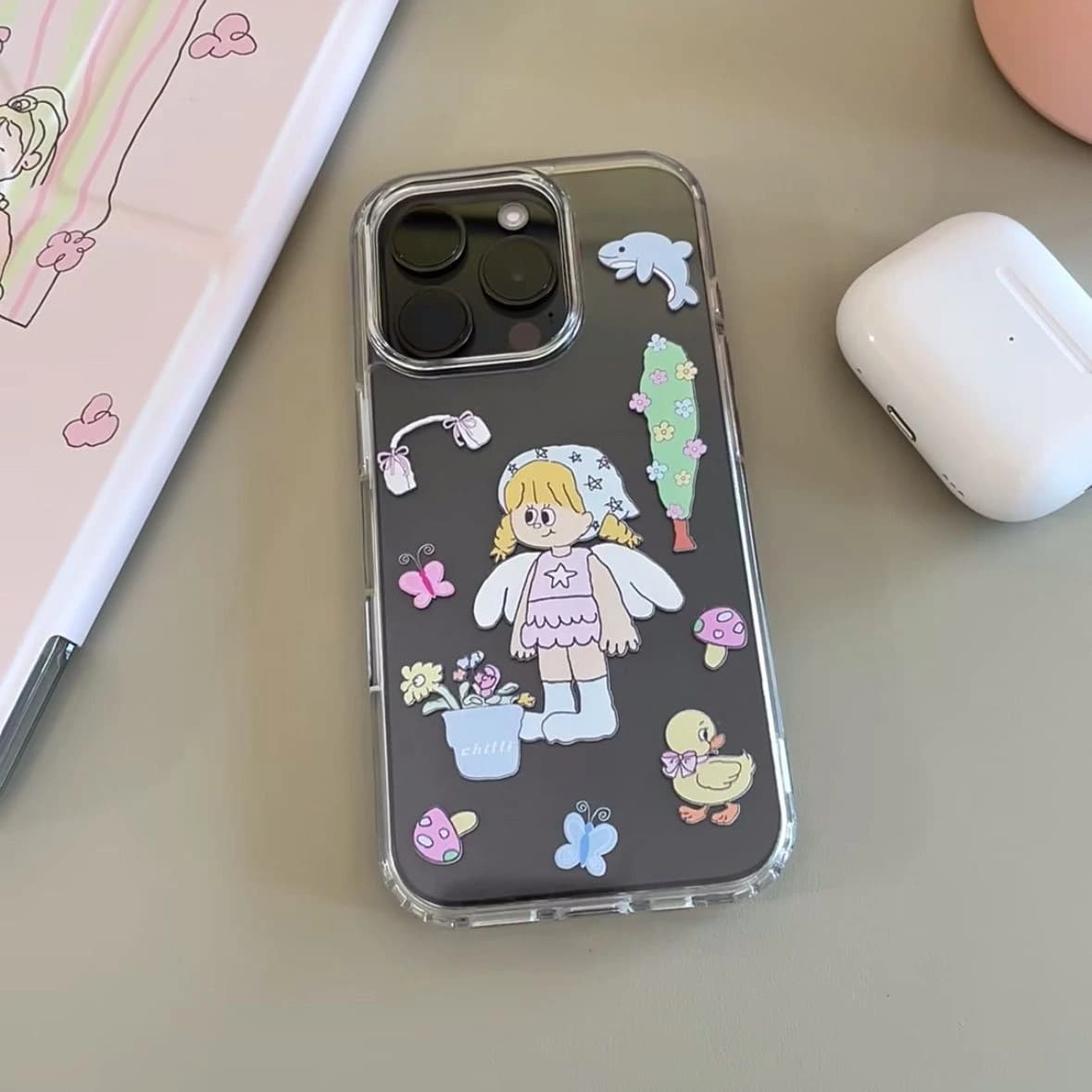Korean Ins Cute Angel Comic Girl Duck Phone Case For iPhone 17 Air 16 E 15 14 13 12 11 Pro Max Plus X XS XR 7 8 Plus Y2K Cover